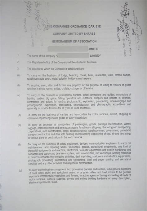 Memorandum and articles of associations. Tanzania Investment Centre
