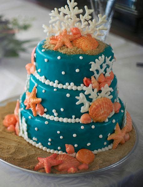 Three Tier Round Turquoise Beach Theme Wedding Cake With Sea Shells And