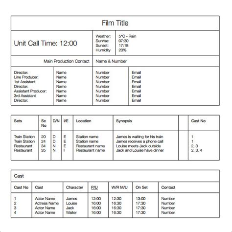 sample call sheet template   sample templates