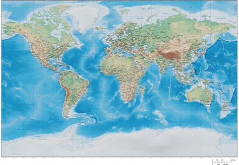 Digital 35 X 22 Inch Terrain World Map In Adobe Illustrator Vector