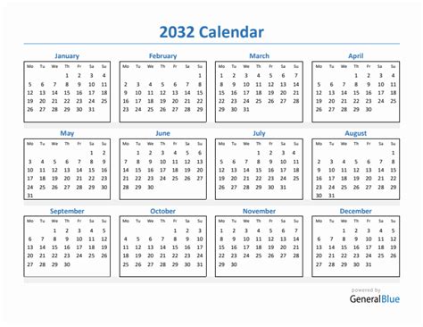 2032 Yearly Calendar Templates With Monday Start