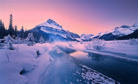 537413 Mountain Winter Lake Sunrise Clouds Ice Frost Canada Snowy Peak