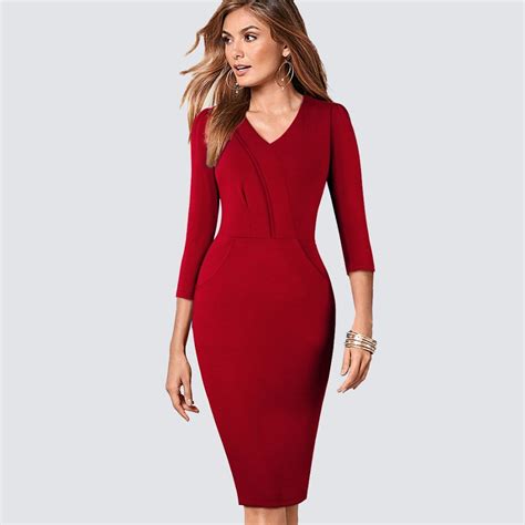 Women Casual Formal Work Office Business Dress Elegant Classic V Neck Sheath Fitted Bodycon