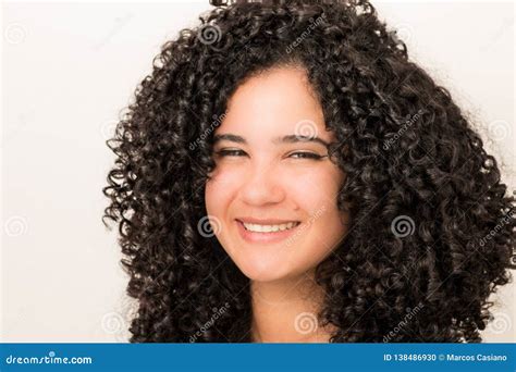 Beautiful Young Girlmodel Posing With Big Black Curly Hair Stock