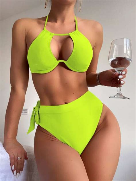 SHEIN Swim SXY Neon Lime Bikini Set Cut Out Halter Underwire Bra Top