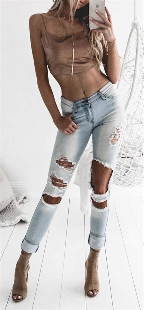 Ootd Crop Top Ripped Jeans Outfits With Leggings Trendy Summer