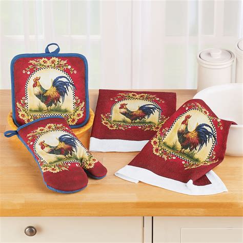 Design imports combo windowpane terry dishcloth set of 6 (12 inches long x 12 inches wide). Rooster Kitchen Towel, Pot Holder and Oven Mitt Set ...