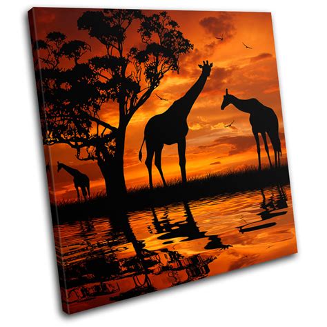 Giraffe African Sunset Animals Single Canvas Wall Art Picture Print Va