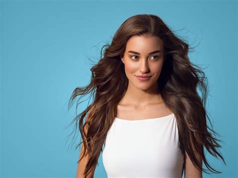 Hermosa Mujer Feliz Con El Pelo Largo En Vestido Blanco Sobre Fondo De