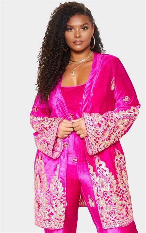 Plus Fuchsia Velvet Paisley Embroidered Kimono Plus Size Outfits