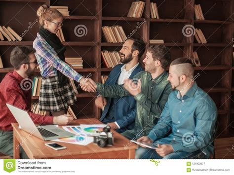 Advertising Manager With A Handshake Greets The Customer Stock Image