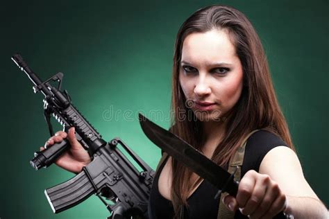 Young Woman Long Hair Gun Knife Stock Image Image Of Danger