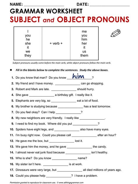 Personal Pronouns Subject And Object Exercises