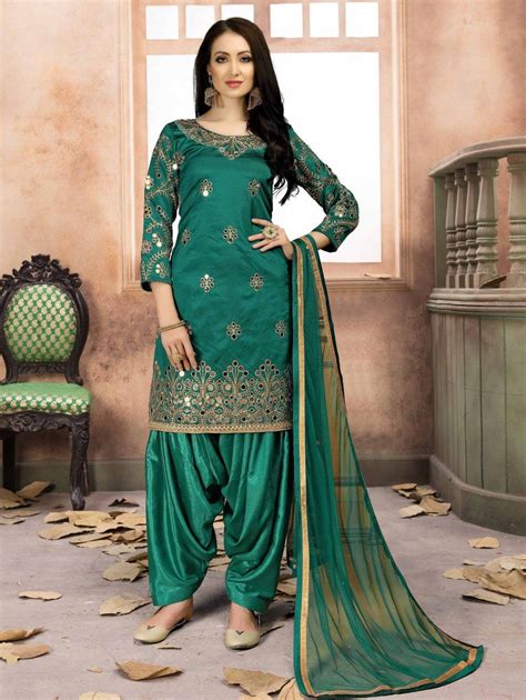 Green Art Silk Punjabi Suit With Mirror Work Patiala Dress Fashion Punjabi Dress