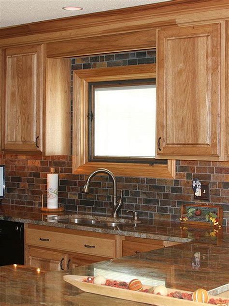 A rustic kitchen with oak cabinetry can be enhanced by the ambient lighting. Rusty Brown Slate Mosaic Backsplash Tile For Traditional Kitchen | Rustic kitchen, Kitchen ...