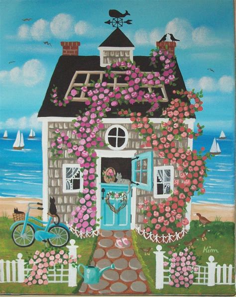Nantucket Rose Cottage Folk Art Print Etsy Cottage Art Seaside