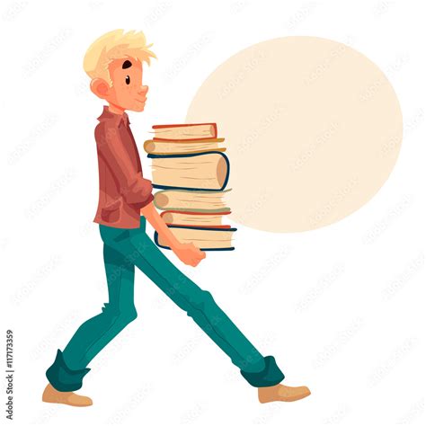 Boy Carrying A Pile Of Books Cartoon Style Vector Illustration