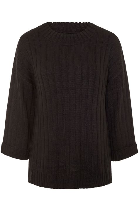 Black Ribbed Wide Sleeve Knitted Jumper Yours Clothing