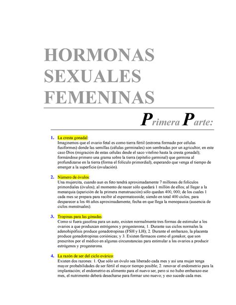 Resumen Hormonas Sexuales Femeninas Hormonas Sexuales Femeninas