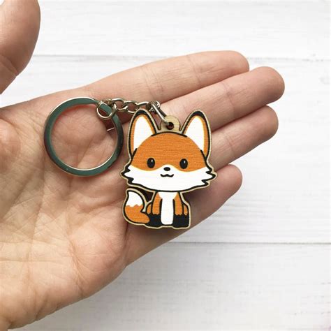 Wooden Keyring Cute Little Fox Red Fox Keychain Etsy