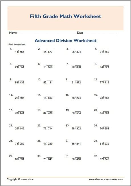 5th Grade Math Division Worksheets Long Division Edumonitor Images