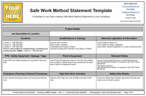 Safe Work Method Statement Template Gambaran