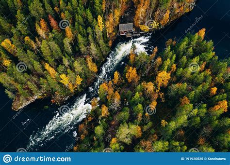 Aerial View Of Fast And Wooden Cabin In Beautiful Orange And Red Autumn