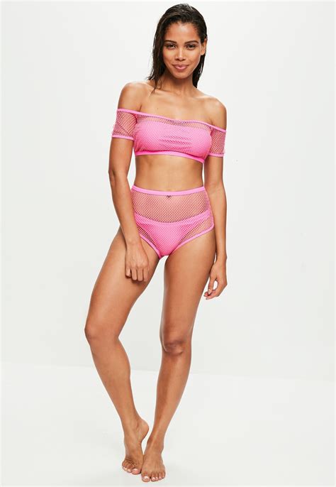 Missguided Pink Fishnet Bardot Bikini Set Lyst