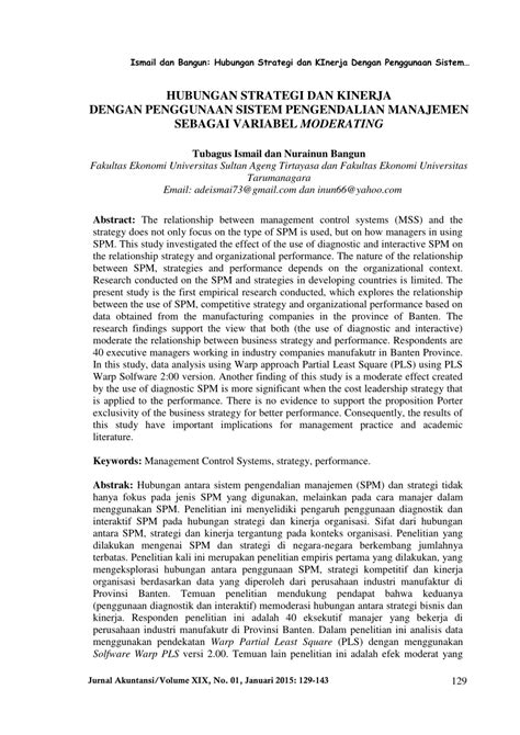 Makalah sistem pengendalian manajemen bab i pendahuluan 1.1 latar belakang sistem pengendalian manajemen dikategorikan sebagai bagian dari pengetahuan perilaku terapan. (PDF) HUBUNGAN STRATEGI DAN KINERJA DENGAN PENGGUNAAN ...