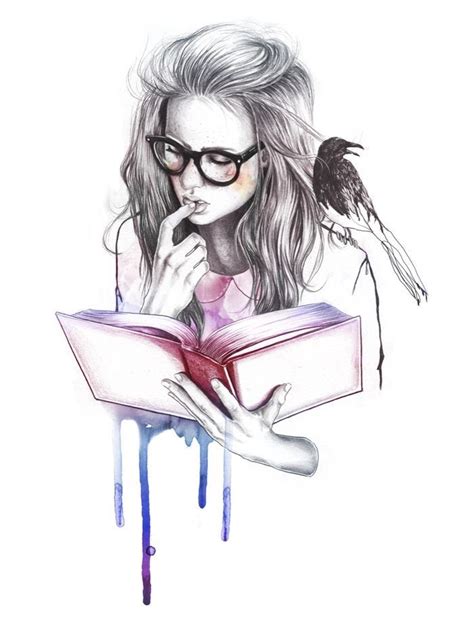 Nerd Girl Reading Drawing With Watercolour Drips Whimsical