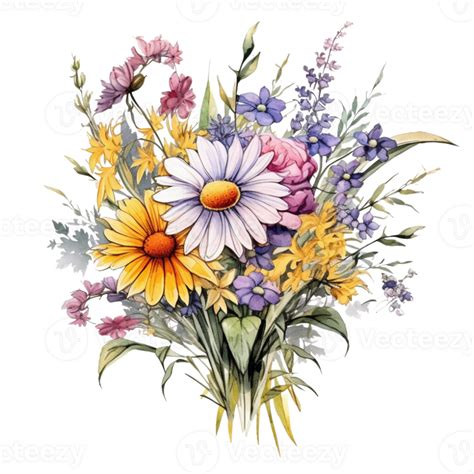 Sweet Watercolor Wild Flower Bouquet Transparent Background Isolated