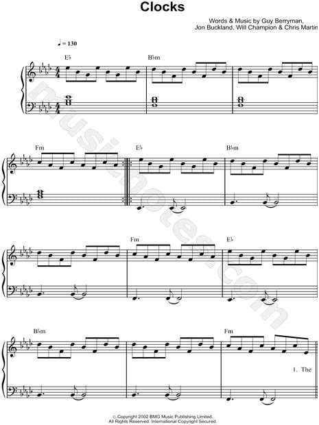 Coldplay Clocks Sheet Music Easy Piano In F Minor Transposable