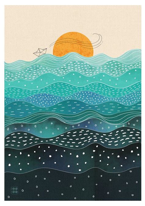 Ocean Illustration Wall Art Sea Water Waves Sunset Sailing