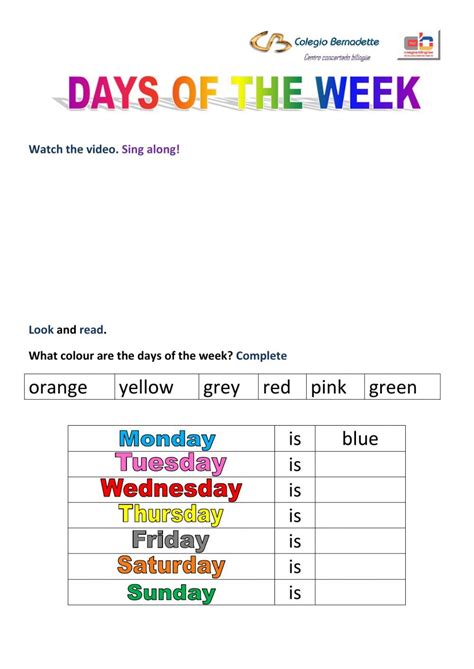 Days Of The Week Interactive Worksheet English As A Second Language