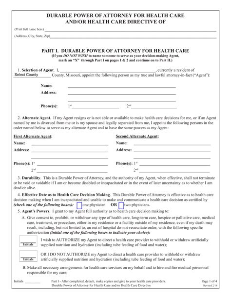 Gratis Missouri Durable Power Of Attorney For Health Care Form Pdf