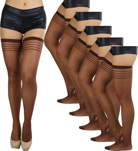ToBeInStyle Womens Pack Of Top Stripe Band Sheer Thigh High Stockings EBay