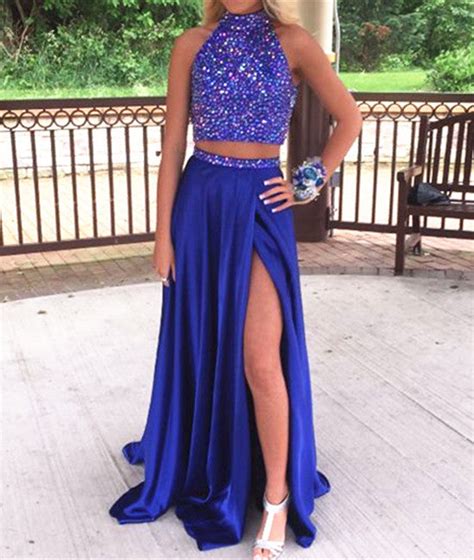 High Neck Two Pieces Sequin Long Blue Prom Dresses Two Pieces Blue Fo