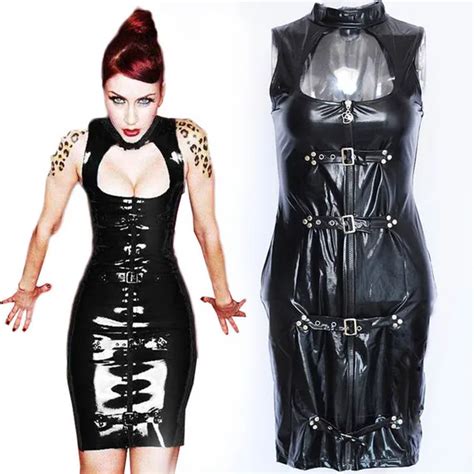 Black Sexy Faux Leather Nightclub Swearheart Dress Exotic Vinyl