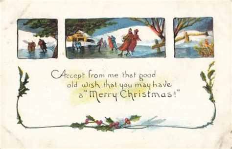 Merry Christmas Wishes Poem People Ice Skating Holly And Ivy Vintage