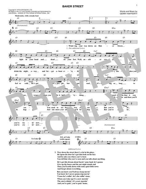 Baker Street Sheet Music Gerry Rafferty Lead Sheet Fake Book