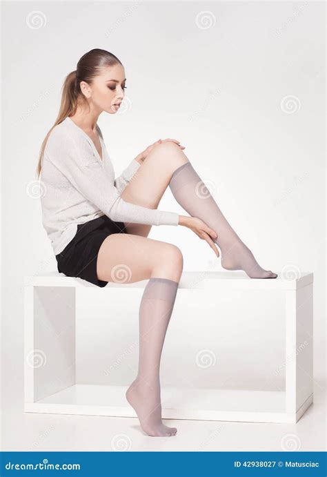 Beautiful Woman Wearing Knee Lycra Socks Full Body Stock Photo