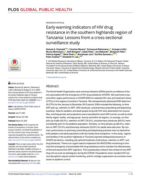 Pdf Early Warning Indicators Of Hiv Drug Resistance In The Southern Highlands Region Of