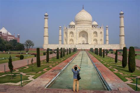 Tourist Photographing Taj Mahal In Agra Uttar Pradesh India Stock