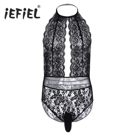 Iefiel Mens Lingerie Bodysuit Catsuit Lace Crossdress Body Sexy Backless Cut Out Front Sissy Gay