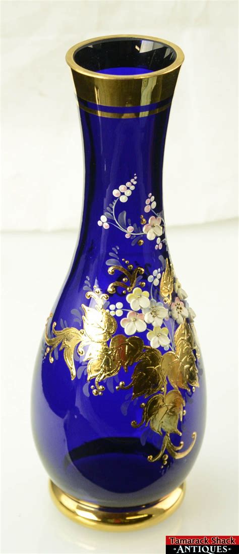 Vintage Czech Bohemian Cobalt Blue Art Glass Vase Gold Gilt Floral Applique Glass Art Blue
