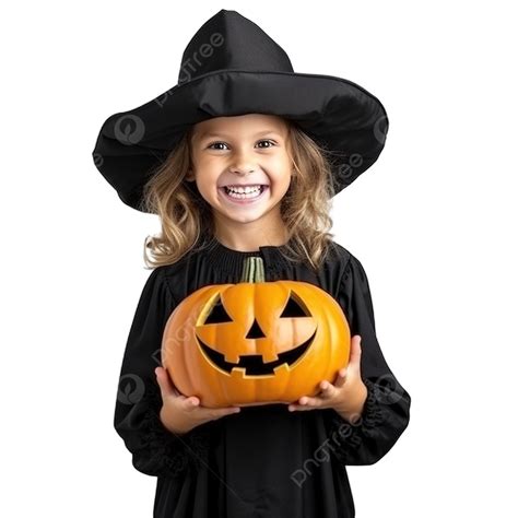 abóbora de halloween nas mãos de uma criança vestida com uma fantasia de bruxa png festa a