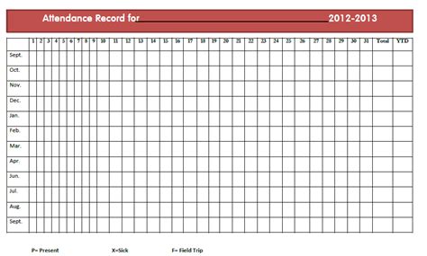 Homeschool Attendance Record Excel Staff Leave Planner Free Download