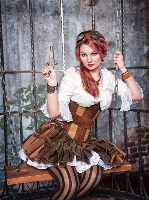 Beautiful Steampunk Woman In The Cage With Gun Stock Image Image Of Gorgeous Magnificent