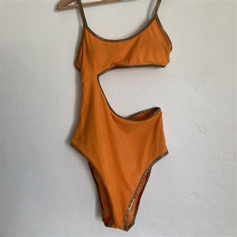 aerie women s orange and gold swimsuit one piece depop