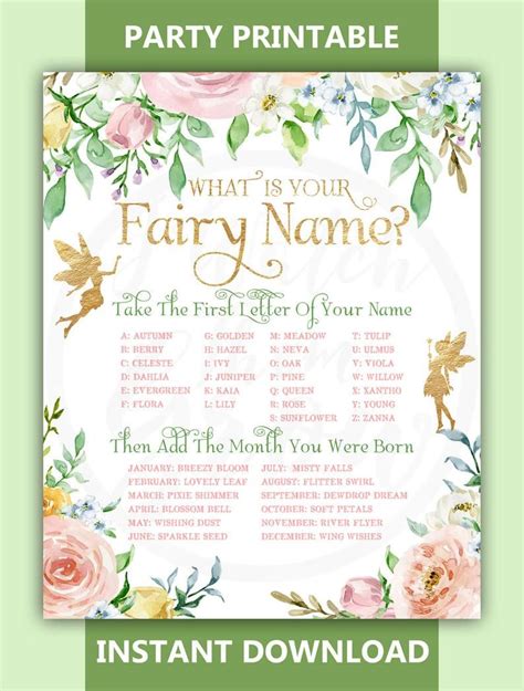 Fairy Name Game Fairy Party Game Printable What Is Your Fairy Name